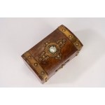Wooden music box with brass and enamel finishes, England, late 19th–early 20th century