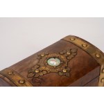 Wooden music box with brass and enamel finishes, England, late 19th–early 20th century