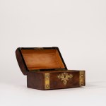 Wooden music box with brass and enamel finishes, England, late 19th–early 20th century