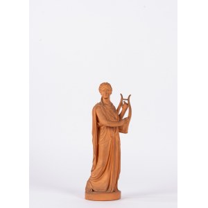 Terracotta sculpture depicting a classical figure with a lyre