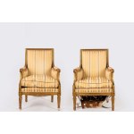 Pair of Louis XVI-style carved and gilded wooden armchairs, 19th century