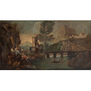 Scuola italiana, secolo XVIII, Landscape with ruins and travellers