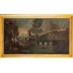 Scuola italiana, secolo XVIII, Landscape with ruins and travellers