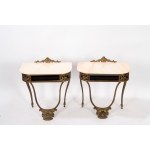 Pair of elegant nightstands with bronze frames and white marble tops, late 19th century