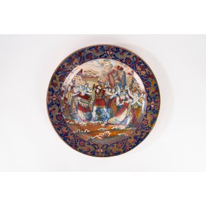 Large decorative plate in historiated and lustre majolica, Santarelli