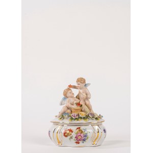 Polychrome porcelain candy dish with lid, Volkstedt, 20th century