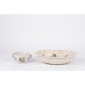 Polychrome-decorated majolica basin and cup, 18th century
