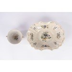 Polychrome-decorated majolica basin and cup, 18th century