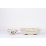 Polychrome-decorated majolica basin and cup, 18th century