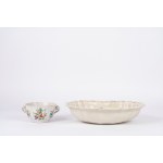 Polychrome-decorated majolica basin and cup, 18th century