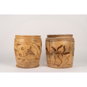Two large, ancient glazed terracotta jars painted with floral motifs, Middle East, 19th century