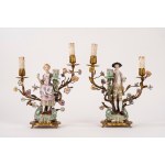 Pair of candlesticks with polychrome porcelain figurines, Meissen, 19th century
