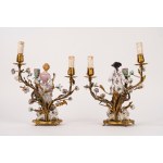 Pair of candlesticks with polychrome porcelain figurines, Meissen, 19th century