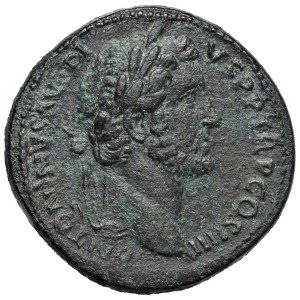 Monety rzymskie z czasów Imperium – Antoninus Pius (138–161) Sestercjusz – głowa w wieńcu...