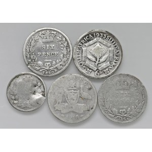 Pièces étrangères - ANGLETERRE Lot de cinq pièces en argent, comme indiqué sur la photo...