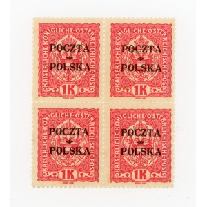 Krakow issue, 1919. Uncancelled block of four 1-k. stamps. Guarantee and description (122)