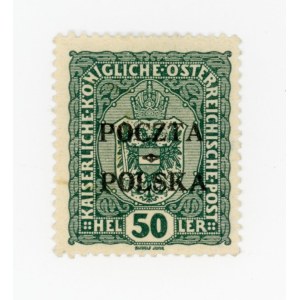 Krakow edition, 1919. Uncanceled 50 h. stamp with an overprint of Type I. Guarantee and description (165)