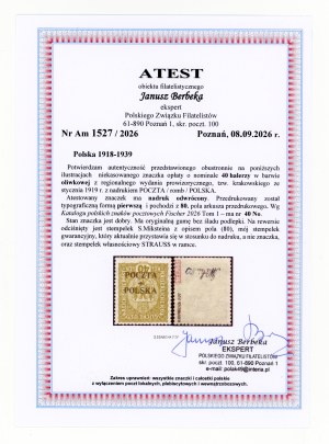 Wydanie krakowskie, 1919. Niekasowany znaczek za 40 h. z odwróconym nadrukiem. Atest (479)