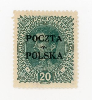 Wydanie krakowskie 1919. Niekasowany znaczek za 20 h. z błędem B1. Atest (544)