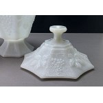 Large glass candy dish on a pedestal with a grapevine motif—1970s