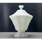 Large glass candy dish on a pedestal with a grapevine motif—1970s