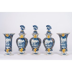 Lot consisting of two trumpet vases and three majolica potiches, made in Delft, 19th century