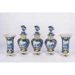Lot consisting of two trumpet vases and three majolica potiches, made in Delft, 19th century