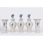 Lot consisting of two trumpet vases and three majolica potiches, made in Delft, 19th century