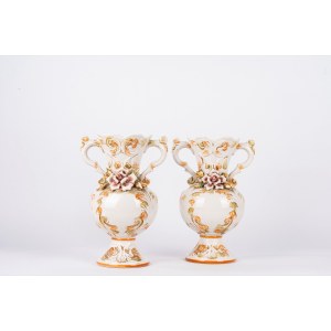 Pair of two-handled vases in white porcelain decorated in polychrome, Bassano manufacture