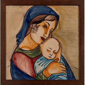 Polychrome Majolika-Fliese mit der Darstellung der Madonna mit Kind