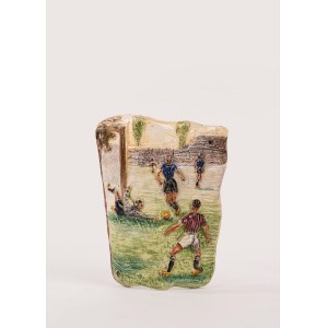 Polychrome ceramic plaque depicting a soccer match