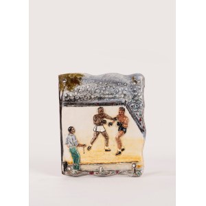 Polychrome ceramic plaque with boxers