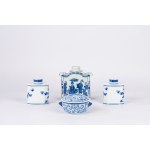 Lot consisting of three flasks and a bowl with a lid, made of white and blue porcelain