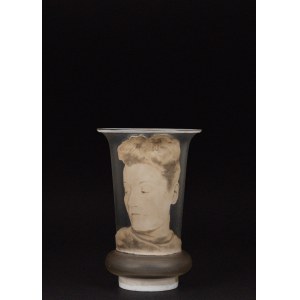 Frosted glass vase featuring a monochrome woman's face in relief, Art Deco