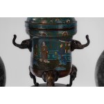 Triptych composed of two bottle vases and a cloisonné incense burner, Japan, Meiji period.