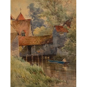 Attributed to Onorato Carlandi (Rome, 1848–1939), “River Landscape with Farmhouses and a Figure in a Boat”