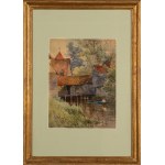 Attributed to Onorato Carlandi (Rome, 1848–1939), “River Landscape with Farmhouses and a Figure in a Boat”