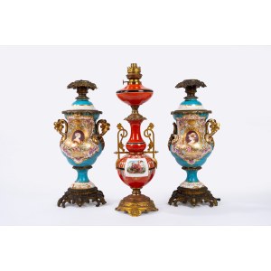 Lot consisting of three polychrome porcelain vases with bronze finishes, mounted on lampwork, late 19th - early 20th century