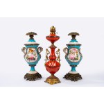 Lot consisting of three polychrome porcelain vases with bronze finishes, mounted on lampwork, late 19th - early 20th century