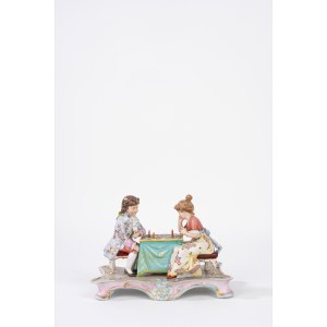 Polychrome porcelain sculpture group depicting chess players, first half of the 20th century