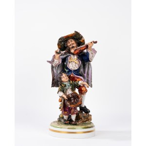 Polychrome Capodimonte porcelain sculpture group depicting a musician and a little beggar, 20th century
