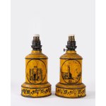 Pair of enameled tin table lamps depicting Napoleon on horseback and cityscapes, 19th century