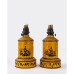 Pair of enameled tin table lamps depicting Napoleon on horseback and cityscapes, 19th century