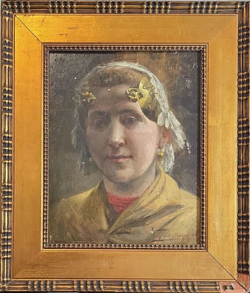 Eugène Bertrand (1858-1934), Młoda dziewczyna w tradycyjnym nakryciu głowy oorijzer, 1896