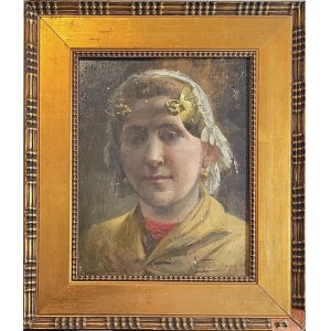 Eugène Bertrand (1858-1934), Młoda dziewczyna w tradycyjnym nakryciu głowy oorijzer, 1896