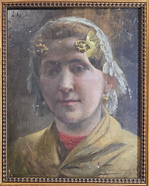Eugène Bertrand (1858-1934), Młoda dziewczyna w tradycyjnym nakryciu głowy oorijzer, 1896