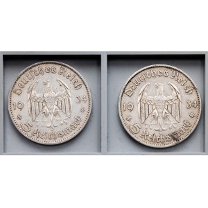 Allemagne, 5 Reichsmark (2x) 1934, A, D