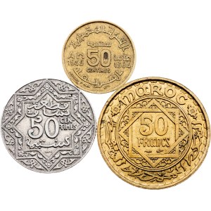 Morocco, 2 x 50 Centimes, 50 Francs 1924-1952, Paris and Poissy