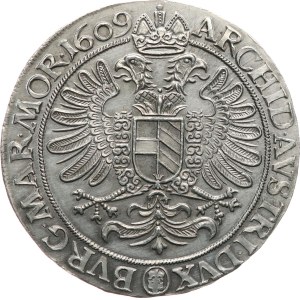 Rodolfo II, 1576-1611. - Replica di un tallero del 1609, zecca di Kutná Hora, conio di Škréta, MKČ - 365, composizione argentata, peso di soli 19,69 g