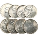 Complete set of commemorative coins from 1947–1951: 3 x 50 Kčs, 5 x 100 Kčs, 8 coins total.